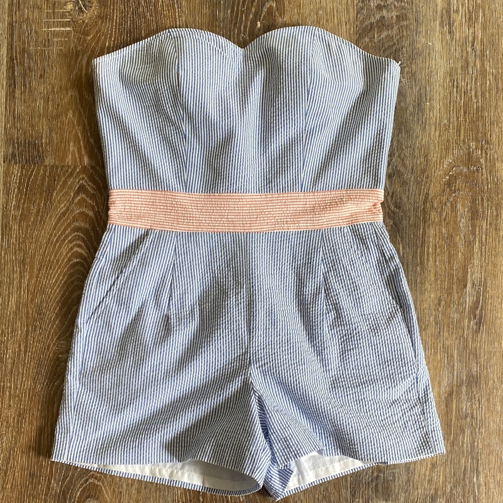 Chic Blue and White Striped Romper with Peach Accent